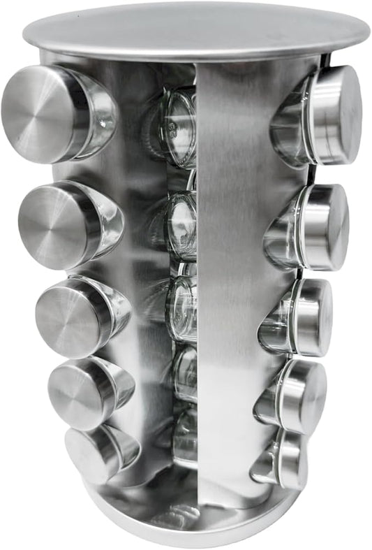 Revolving Spice Rack with 20 Jars, Rotating Spice Rack Organizer with Labels, Polished Stainless Steel with Black Caps, Stainless Steel Spice Carousel for Kitchen Countertop, Cabinet