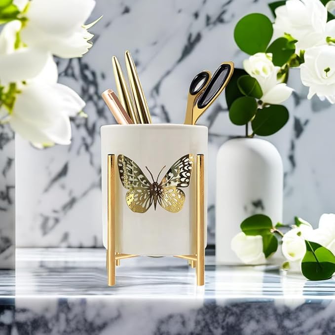 Kitchen Utensil Holder,White Ceramic Silverware Caddy With Golden Metal Frame Chic & Modern Kitchen Cooking