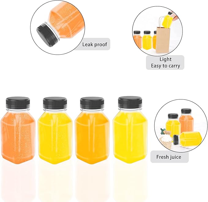WANBAO 6 Pcs 6 oz Plastic Juice Bottle Reusable Bulk Beverage Containers for household use for Juice, Drinking Milkshake Tea, Milk, Juicing Smoothie Water and Other Beverages, Fridge Storage
