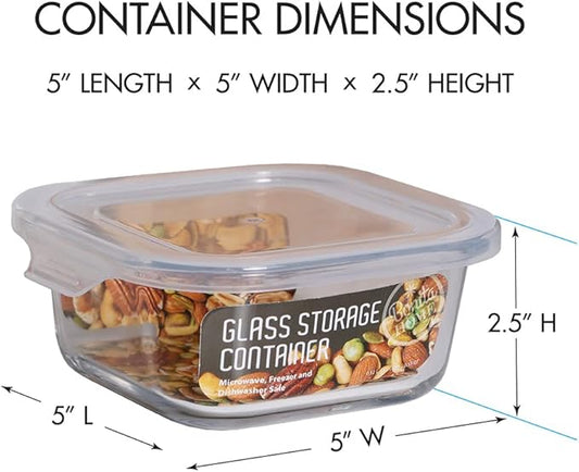 Square Glass Storage Container, Stackable BPA Free Airtight Seal Food Containers with Lids, Meal Prep Kitchen Organization and Storage, 5"x5" x 2.5", 17.6oz, 0.52L, White, 4 Pack