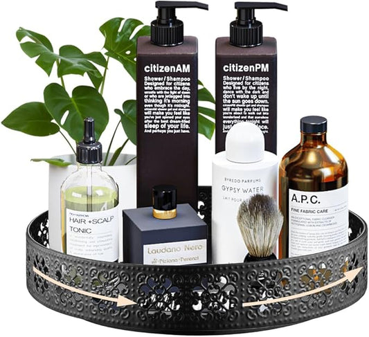 LEMIKKLE Rotating Turntable Vanity Tray 11 Inch for Perfume Candle, Bamboo Kitchen Sink Countertop Organizer for Keep Glass, Sponge and Soap Bathroom Organizer Coffee Table Decorative Tray Black