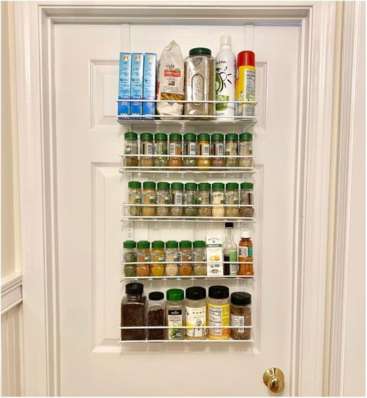 Evelots Over the Door Pantry Organizer -5 Tier Spice Rack -Holds up to 64 Spices & More - Adjustable Metal Baskets for Kitchen, Bathroom Storage & Organization (White) Easy Install Extra Deep Baskets