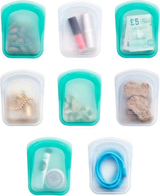 Stasher Re-Usable Food-Grade Platinum Silicone Pocket Bag for Eating from/Storing in/Organising/Travelling, 8.25 x 12.05 cm, Set of 2, Clear and Aqua