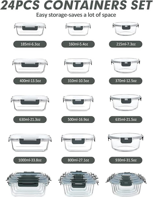 VERONES 24 Pieces Glass Food Storage Containers Set, Airtight Glass Lunch Containers, Glass Meal Prep Containers with Lids,Exclusive of BPA, for Microwave, Oven, Freezer & Dishwasher Friendly,Grey