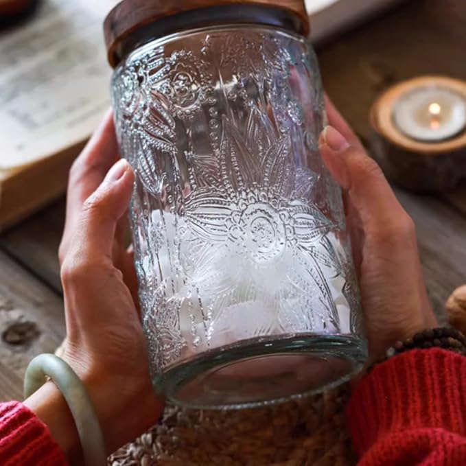 Vintage Glass Canister, 34 oz Glass Food Storage Jar - Round Sunflower Pattern for Kitchen, Coffee, Tea, Candy, Sugar