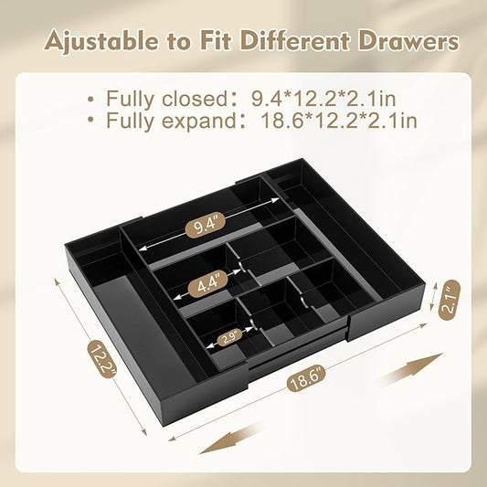 1 Pc Acrylic Desk Drawer Organizer Maximum Expandable Drawer Organizer Trays with 8 Adjustable Compartments Desk Accessories for Makeup Silverware Office Bathroom(Black,Classic)