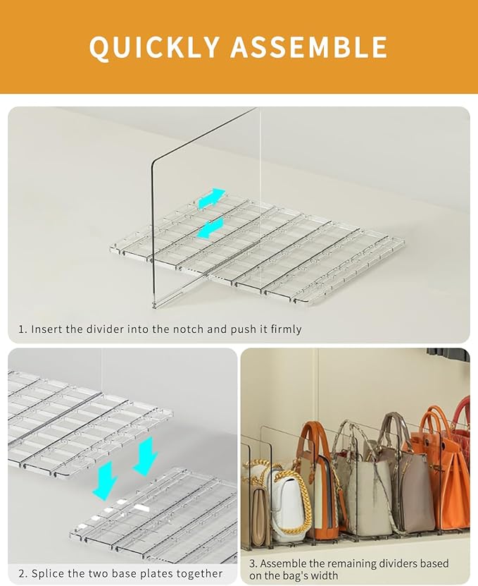 2 Pack Adjustable Clear Shelf Dividers for Closet, Acrylic Purse Organizer for Closet, Handbag Storage Organizer Bookshelf Separator Dividers in Bedroom, Office