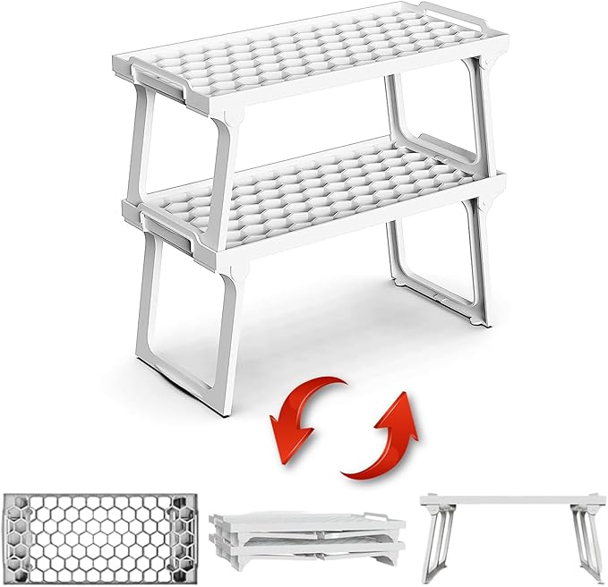 ums Kitchen Cabinet Shelf Organizers, White Plastic Stackable Freezer Rack, Shelf Riser, Usable Storage Rack for Your Spice, Refrigerator, Pantry (12 X 5.5 inch) Fridge Shelf Riser Pack of 2
