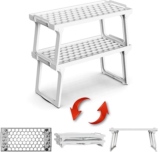 ums Kitchen Cabinet Shelf Organizers, White Plastic Stackable Freezer Rack, Shelf Riser, Usable Storage Rack for Your Spice, Refrigerator, Pantry (12 X 5.5 inch) Fridge Shelf Riser Pack of 2