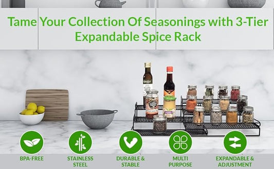 3 Tiered Spice Rack - Spice Racks for Inside Cabinets - Expandable Spice Rack Countertop Kitchen Pantry - Metal Tier Seasoning Organizer Step Storage with Protective Railing (Black)
