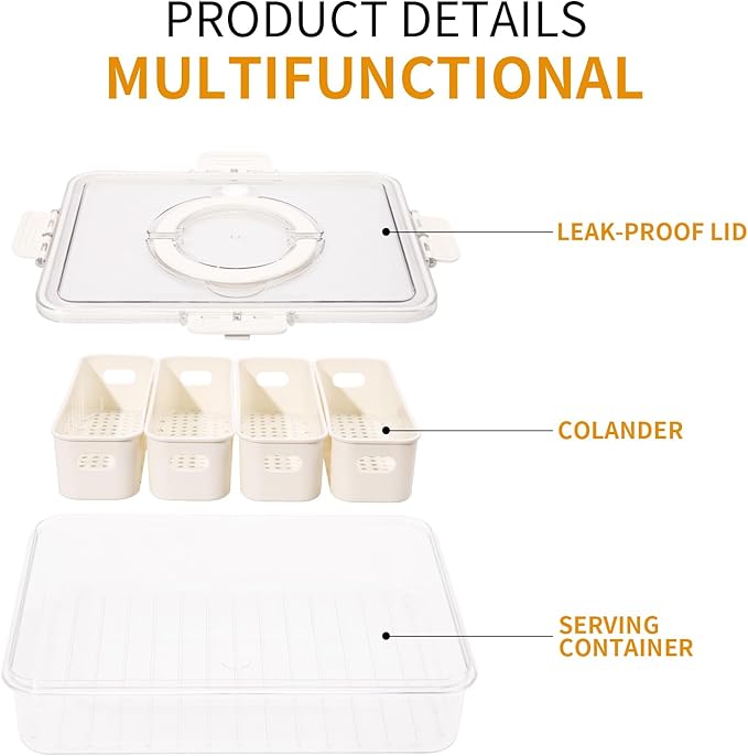 Divided Serving Tray with Lids, Handle & Removable Colanders, Snackle Charcuterie Box, Kitchen Organizers and Storage, Snack Box, Meal Prep Containers Reusable, Snack Platters