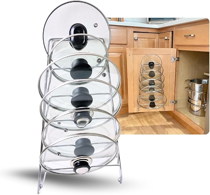 Evelots 6-Tier Pot Lid Organizer Rack for your Kitchen Cabinet Door/Wall - Fits Most Glass and/or Pan Covers - Kitchen Storage - No More Mess in your Cabinets and/or drawers - Rustproof -Chrome Finish