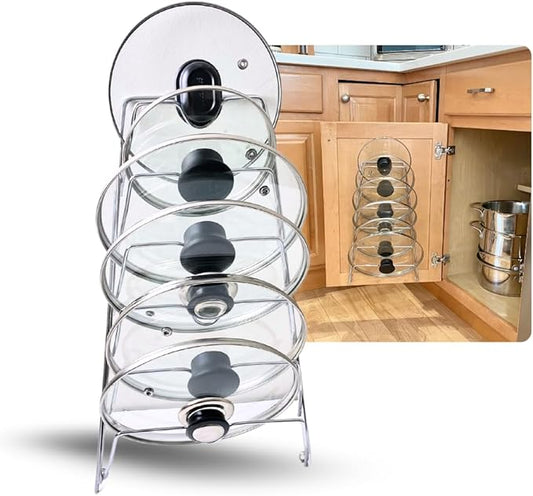 Evelots 6-Tier Pot Lid Organizer Rack for your Kitchen Cabinet Door/Wall - Fits Most Glass and/or Pan Covers - Kitchen Storage - No More Mess in your Cabinets and/or drawers - Rustproof -Chrome Finish