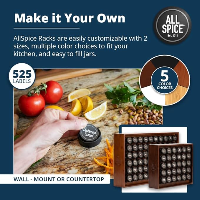 AllSpice Wood Spice Rack Organizer, 525 Unique Labels, Countertop or Wall Mount, Includes 30 4oz Jars- Walnut Stain