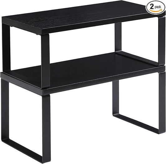YMYNY Cabinet Shelf Organizer, Countertop Shelves Set of 2, Kitchen Spice Racks, Stackable, Storage Racks for Cupboard, Sink, Pantry, Bathroom, Black, Metal, UHSR002B
