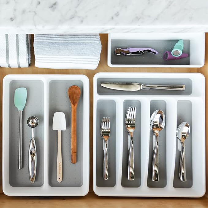 madesmart Premium Antimicrobial Classic Small Silverware Tray Soft Grip, Non-Slip Kitchen Drawer, 5 Compartments, Multi-Purpose Home Organization, EPA Certified, White (Pack of 2)