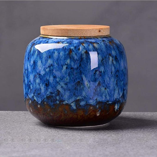 YYW Ceramics Tea Caddies Sugar Bowl Cereal Containers Storage Jars with Airtight Bamboo Lid for Food Storage Candy Cookie Buffet Coffee Oatmeal Tea Sugar Container (Dark blue)