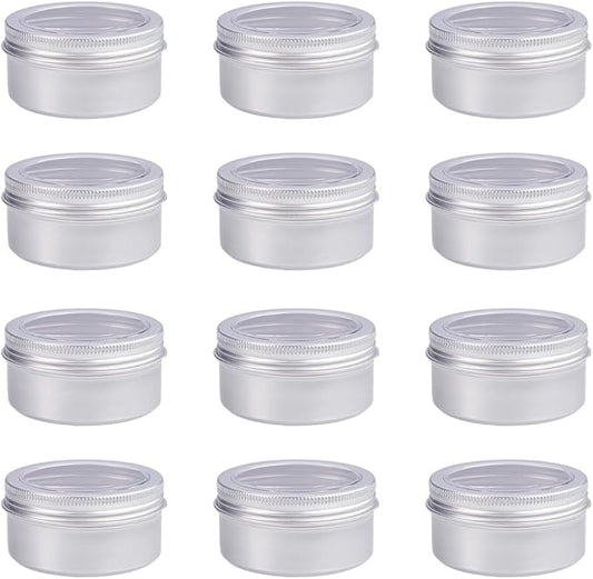 BENECREAT 12 Pack 2.7 OZ Tin Cans Screw Top Round Aluminum Cans Screw Lid Containers with Clear Window - Great for Store Spices, Candies, Tea or Gift Giving (Platinum)