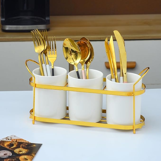 3-Piece White Ceramic Silverware Caddy with Black Metal Rack, Utensil Holder Flatware Caddy Cutlery Storage Organizer for Kitchen Table (White+Gold A)