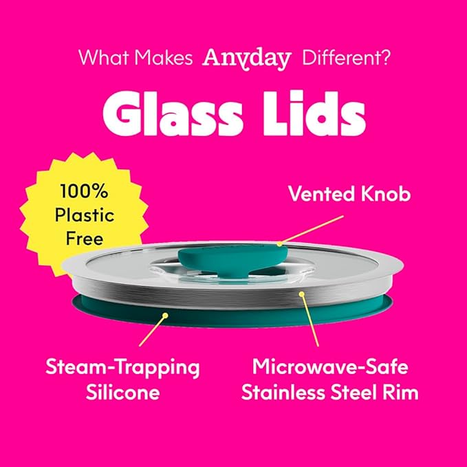 Anyday 4-Pc Microwave Cookware & Glass Food Storage Set with Glass Lids | Medium Plastic-Free Containers | Stackable Steamer with Vented Lid for Microwave-Safe Reheating & Steaming Vegetables, Rice