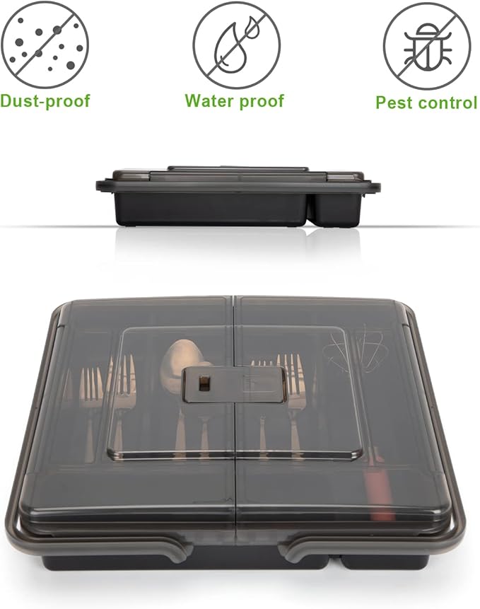 Silverware Organizer with Cover, Portable Cutlery Holder Flatware Tray with Lid Plastic Silverware Storage Box 5 Compartments for Kitchen Drawer (black)