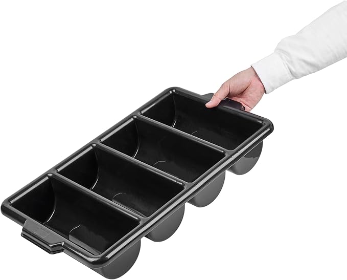 Restaurantware-21.9 x 14.2 x 3.5 Inch Silverware Organizer, 1 Crack-Resistant Cutlery Tray - 4 Compartments, Built-In Handles, Black Plastic Utensils Drawer Holder, For Kitchen Organization