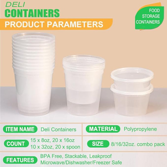 [65 Combo Sets] Food Storage Containers with Lids, 8oz, 16oz, 32oz Plastic Deli Containers with Lids Freezer Storage Containers, BPA Free Leakproof, Microwave | Dishwasher | Freezer Safe