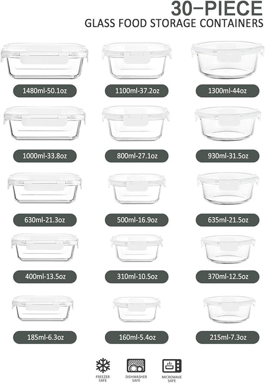 M MCIRCO 30 Pieces Glass Food Storage Containers with Upgraded Snap Locking Lids,Glass Meal Prep Containers Set - Airtight Lunch Containers, Microwave, Oven, Freezer and Dishwasher Friendly (White)
