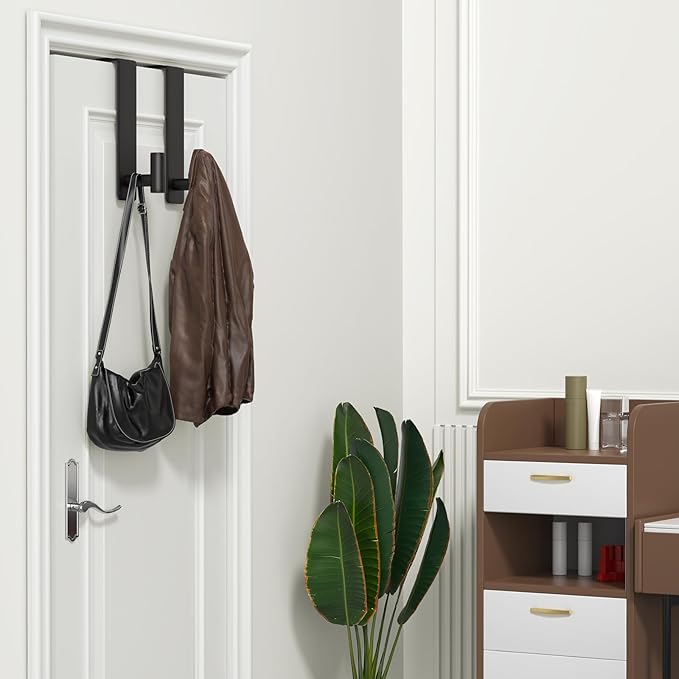 WUIVIUT T-Shaped Over Door Hooks - Fits Wooden & Metal Doors Less Than 1.77" Wide,Door Hanger for Office,Bedroom Heavy-Duty Stainless Steel Doors(T Shape 2 Pack, Fits 1-3/4'' Thick)