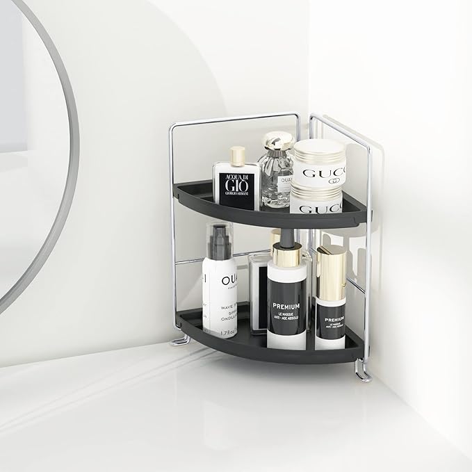 2 Tier Corner Bathroom Countertop Organizer, Tool-Less Installation Vanity Tray for Skincare Makeup Perfume Organizer, Small Plastics Bathroom Storage and Organization (Silver & Black)