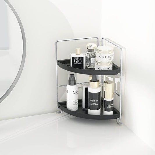 2 Tier Corner Bathroom Countertop Organizer, Tool-Less Installation Vanity Tray for Skincare Makeup Perfume Organizer, Small Plastics Bathroom Storage and Organization (Silver & Black)
