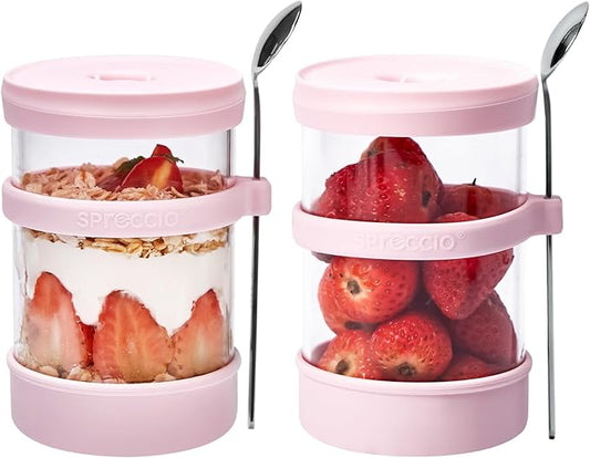Glass Overnight Oats Containers with Lids of Silicone and Spoon 16 oz [2 Pack], Airtight Overnight Oats Jars with Silicone Lid, For Yogurt Containers Chia Pudding Jars Snack Spice (Pink)