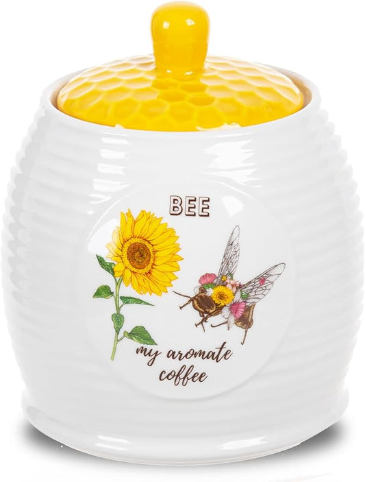 Kitchen Storage Canisters Honey Bee & Flower Pattern Ceramic Tea Coffee Sugar Storage Canister Jar with Airtight Lid for Home Modern Kitchen, 780ml/26oz, Large