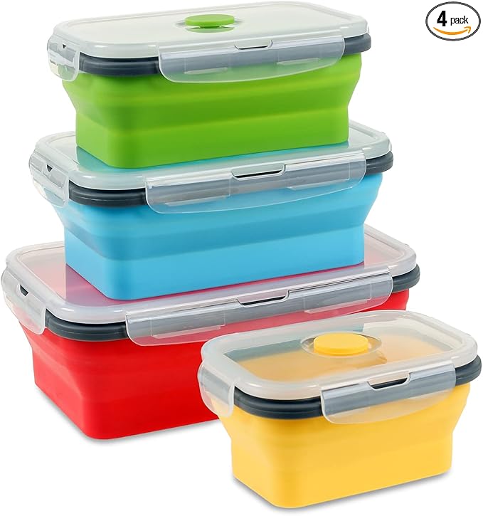Collapsible Food Storage Containers with Airtight Lid, 4 Sizes, Annaklin Small and Large Stacking Silicone Collapsible Meal Prep Container Set for Leftover, Microwave Freezer Dishwasher Safe, Set of 4