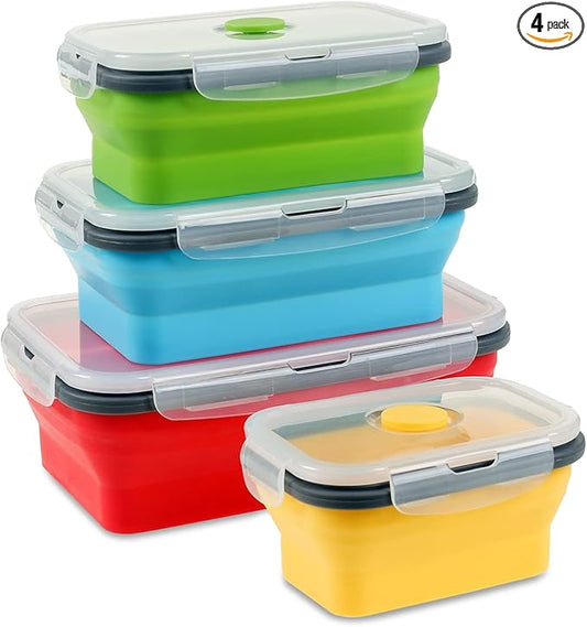 Collapsible Food Storage Containers with Airtight Lid, 4 Sizes, Annaklin Small and Large Stacking Silicone Collapsible Meal Prep Container Set for Leftover, Microwave Freezer Dishwasher Safe, Set of 4
