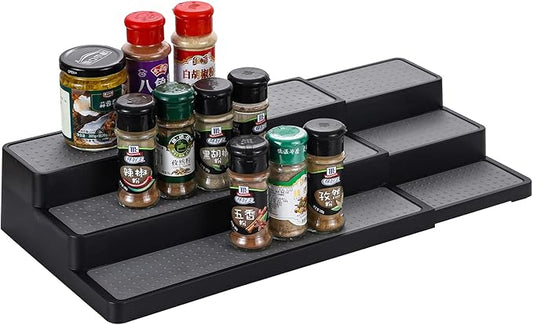 YCOCO 3-Tier Expandable Spice Rack Step Modern Design Waterproof and Non Skid Shelf Kitchen Organizer for Pantry Cabinet or Countertop Use,Black