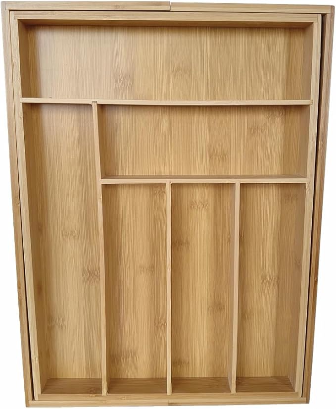 Adjustable Bamboo Drawer Organizer, Expandable Silverware Drawer Organizer, Large Cutlery Tray with Wooden Drawer Dividers for Flatware Organizing Kitchen Utensils Holder (6-8 Slots, Natural)
