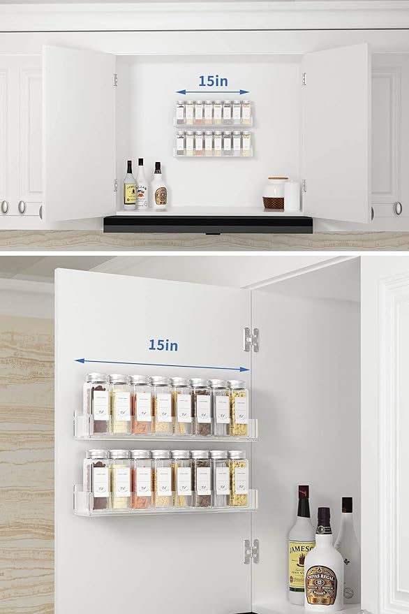 FEMELI Acrylic Wall Mount Spice Rack - 15 Inch, 4 Pack Hanging Spice Rack Shelf for Cabinets, Cupboard or Pantry Door, Kitchen Organizer