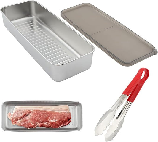 Bacon Container for Refrigerator,with Lid and Food Tongs 304 Stainless Steel Airtight Container Suitable for Storing Meat Slices, Bread Slices, Bacon, Fish, Seafood