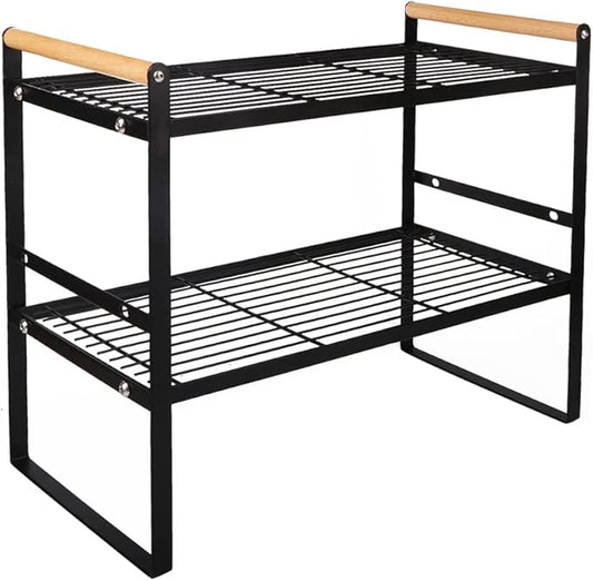 2-Tier Kitchen Countertop Shelf, Iron and Wooden Construction, 16.1 x 8.3 x 12.8 Inches, Black Color, Ideal for Organizing Kitchen Items