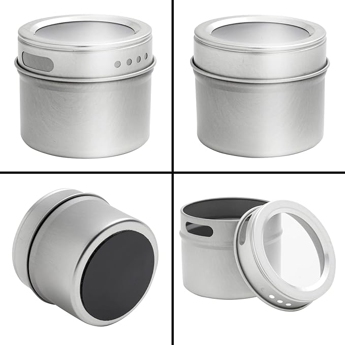 Talented Kitchen 24 Magnetic Spice Jars with Sift-and-Pour Lids for Refrigerator with 6 Metal Plate Bases and 269 Preprinted Seasoning Labels in 2 Styles for 3 oz Herb Containers