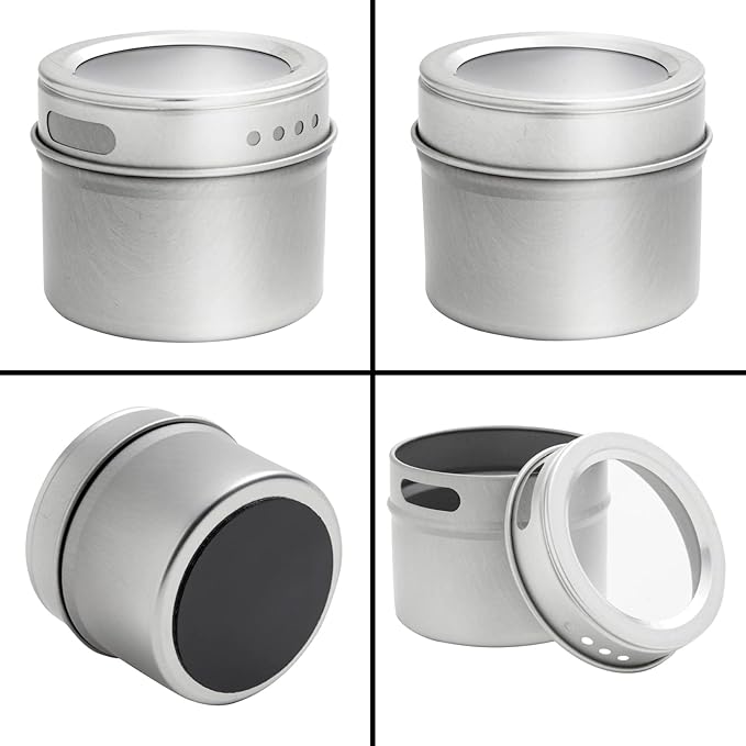 Talented Kitchen Magnetic Spice Jars for Refrigerator – 3oz Metal Magnetic Spice Tins w/Sift & Pour Lids (24 Jars, 269 Preprinted Labels, 2 Blank Label Designs)