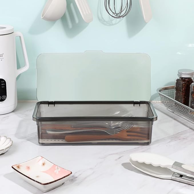DOITOOL 3Pcs Flatware Tray with Lid Kitchen Cutlery and Utensil Drawer Organizer Silverware Holder Countertop Storage Container, 10 x 3.9 x 2.8inch (Black)