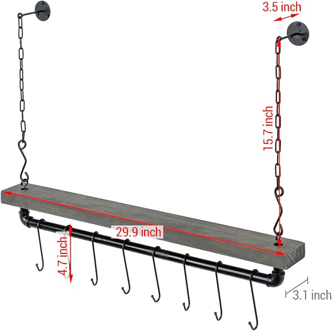 MyGift Ceiling or Wall Mounted Pot Rack with Shelf, Industrial Black Pipe and Gray Wood Hanging Cookware Utensil Organizer with 8 S-Hooks