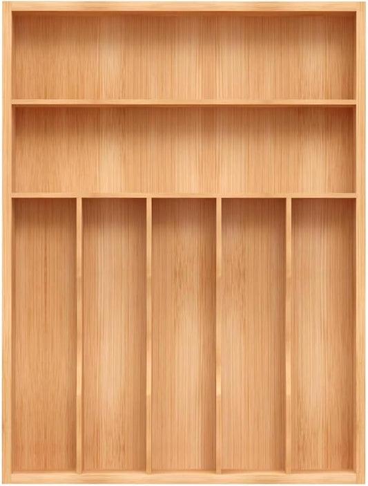 Sliverware Organizer, Bamboo Kitchen Drawer Organizer, Flatware Organizer Tray Holder for Sliverware, Utensil & Cutlery (7 Slots, Natural)