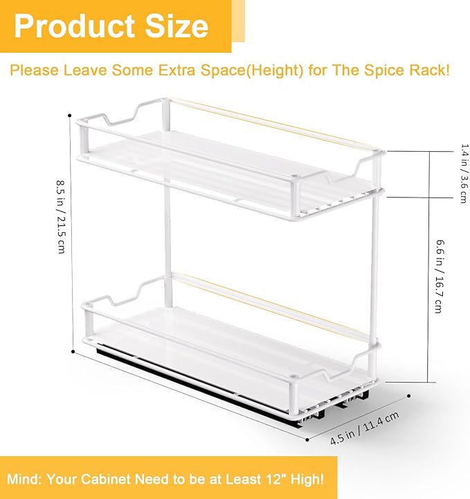 Pull Out Spice Rack Organizer for Cabinet, 2 Tier Slide Out Spice Rack, Sliding Spice Organizer Shelf, White