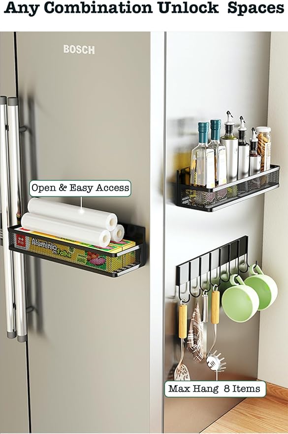 AHERO 1 Pack Magnetic Spice Storage Rack Organizer for Refrigerator, Black Fridge Organizers and Storage