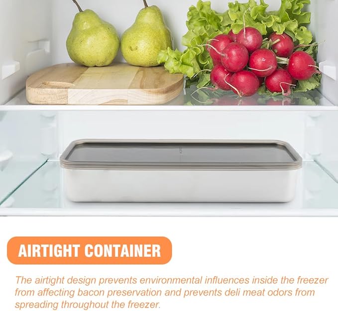 Bacon Container for Refrigerator,with Lid and Food Tongs 304 Stainless Steel Airtight Container Suitable for Storing Meat Slices, Bread Slices, Bacon, Fish, Seafood