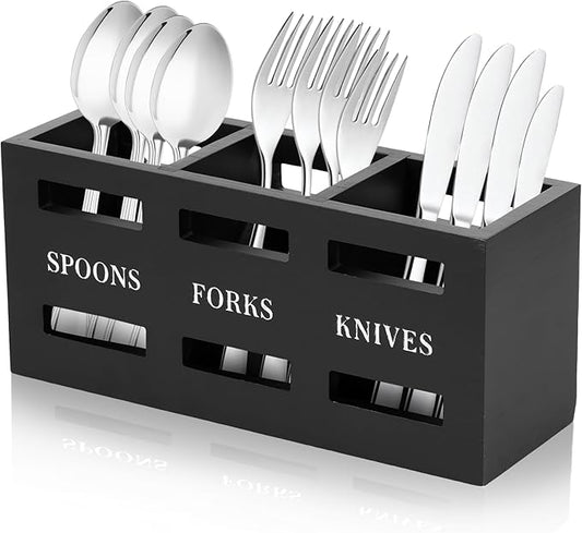 Silverware Caddy, Wood Utensil Caddy with 3 Compartments, Large Capacity Silverware Holder, Multipurpose Utensil Holder, Flatware Caddy, Stylish Cutlery Holder for Forks Spoons Cutters (Black)
