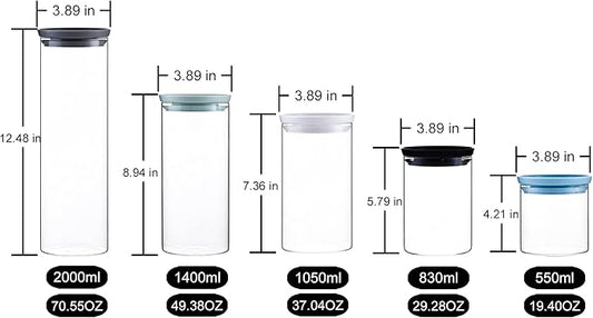 Glass Food Storage Jars with Plastic Lid Set of 5- Jars for Spaghetti Pasta, Cookie, Rice, Flour, Nuts